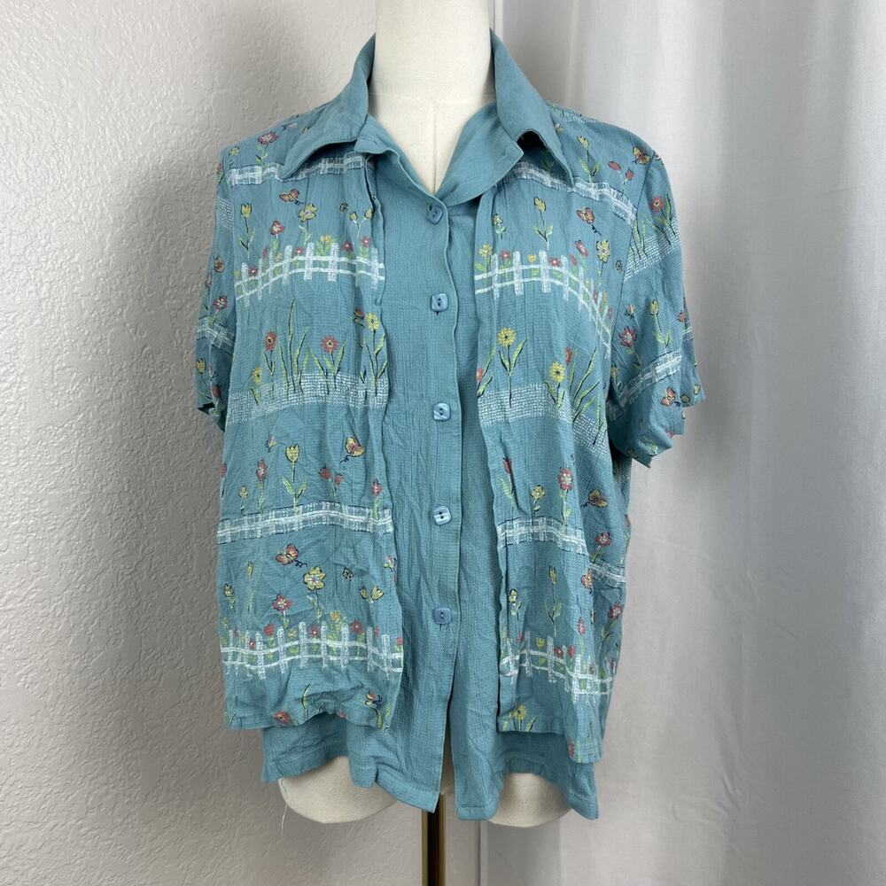VTG Alfred‎ Dunner Top Womens 14 P Blue Floral Cottagecore Garden Grandmacore